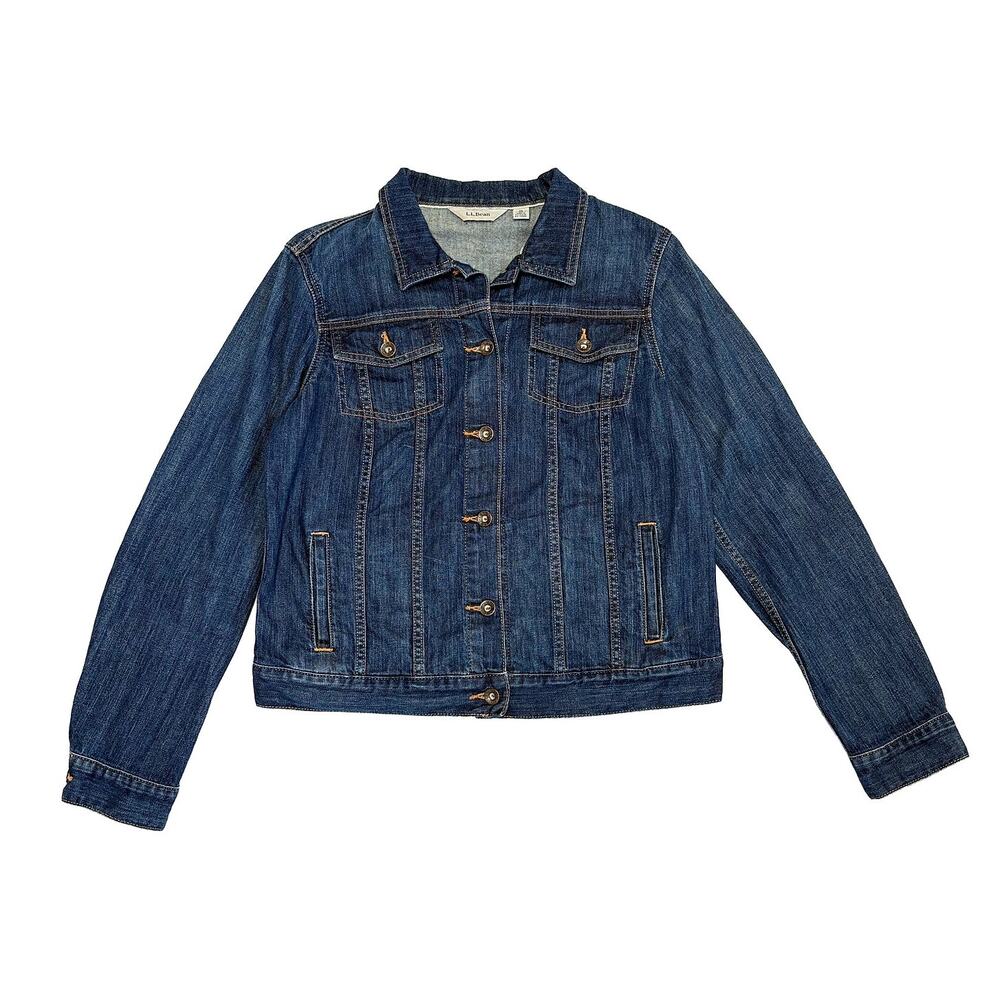 VTG LL Bean Denim Jacket Womens M Medium Wash Blue Stretch Trucker Classic Y2K